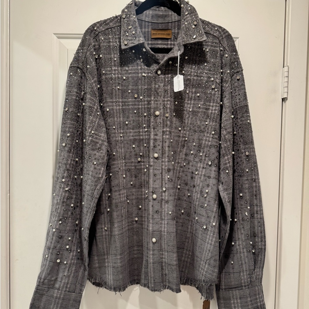 Birth of RoyalChild Gray Plaid Pearl-Embellished Button-Down Shirt